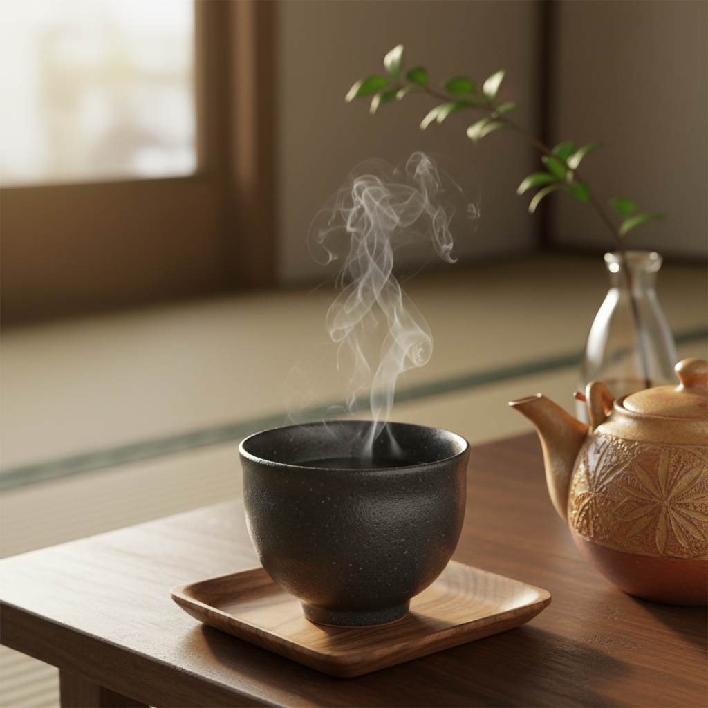 A close-up of a beautifully crafted Japanese ceramic tea cup in matte charcoal glaze, its surface subtly speckled and slightly uneven, resting on a small square walnut coaster. Beside it, a kyusu teapot in warm earthy tones shows intricate hand-carved details around the spout and handle. Wisps of steam rise from the cup, catching soft late-afternoon light streaming through a nearby window. The background is a blurred tatami mat and a low wooden table, with a single green branch in a simple glass vase. Shot from a slightly elevated angle in photographic realism, with shallow depth of field, the composition feels intimate and refined, highlighting the authenticity and quiet luxury of Japanese tea culture in daily life.