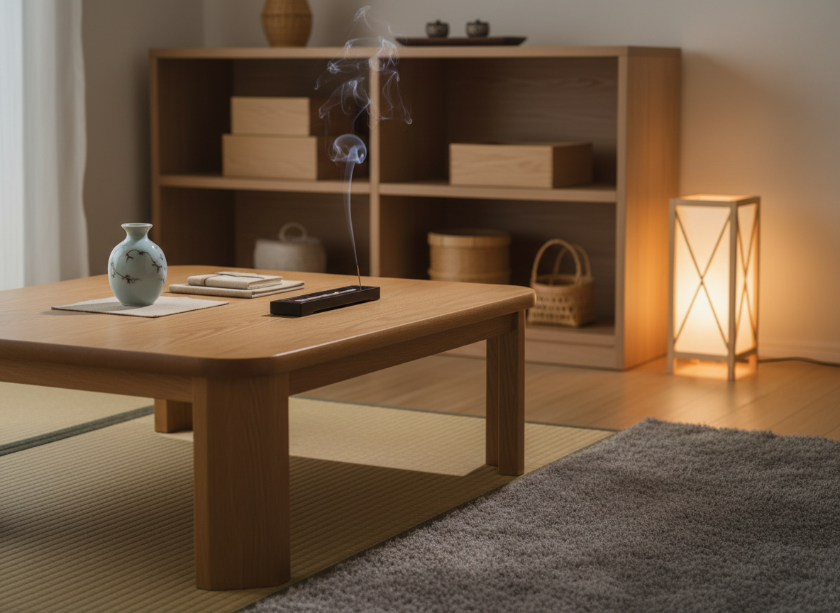 A serene living room corner styled with Japanese-inspired everyday objects: a low oak coffee table with smooth edges holds a small, pale-blue Arita porcelain vase, a neatly stacked pair of linen-covered notebooks, and a lacquered incense holder with a thin trail of smoke. On the floor, textured tatami-style mats meet a soft gray area rug, and a simple floor lantern with washi-paper sides glows warmly. The background shows a minimal shelving unit with carefully spaced Japanese storage boxes and woven baskets. Soft, diffused evening light mixes with the warm lantern glow, creating layered, gentle shadows. Photographic realism at eye level, with balanced composition and moderate depth of field, conveys a sophisticated, tranquil atmosphere that feels both modern and authentically Japanese.