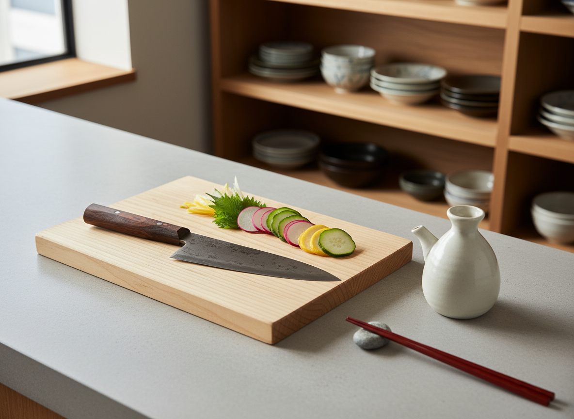 An elegant Japanese kitchen countertop scene featuring a well-used carbon steel gyuto knife with a dark walnut handle, a simple hinoki cutting board, and freshly sliced seasonal vegetables arranged with care. Nearby sits a small ceramic soy sauce dispenser in off-white glaze and a set of minimalist lacquered chopsticks resting on a stone chopstick rest. The counter is a clean, light-gray surface, with open wooden shelving in the softly blurred background holding neatly stacked Japanese plates and bowls. Natural daylight from a side window casts gentle, directional light, creating crisp yet subtle shadows. Photographic realism, shot from a three-quarter overhead angle using the rule of thirds, conveys a mood of quiet focus and appreciation for Japanese craftsmanship and functional beauty in everyday cooking.