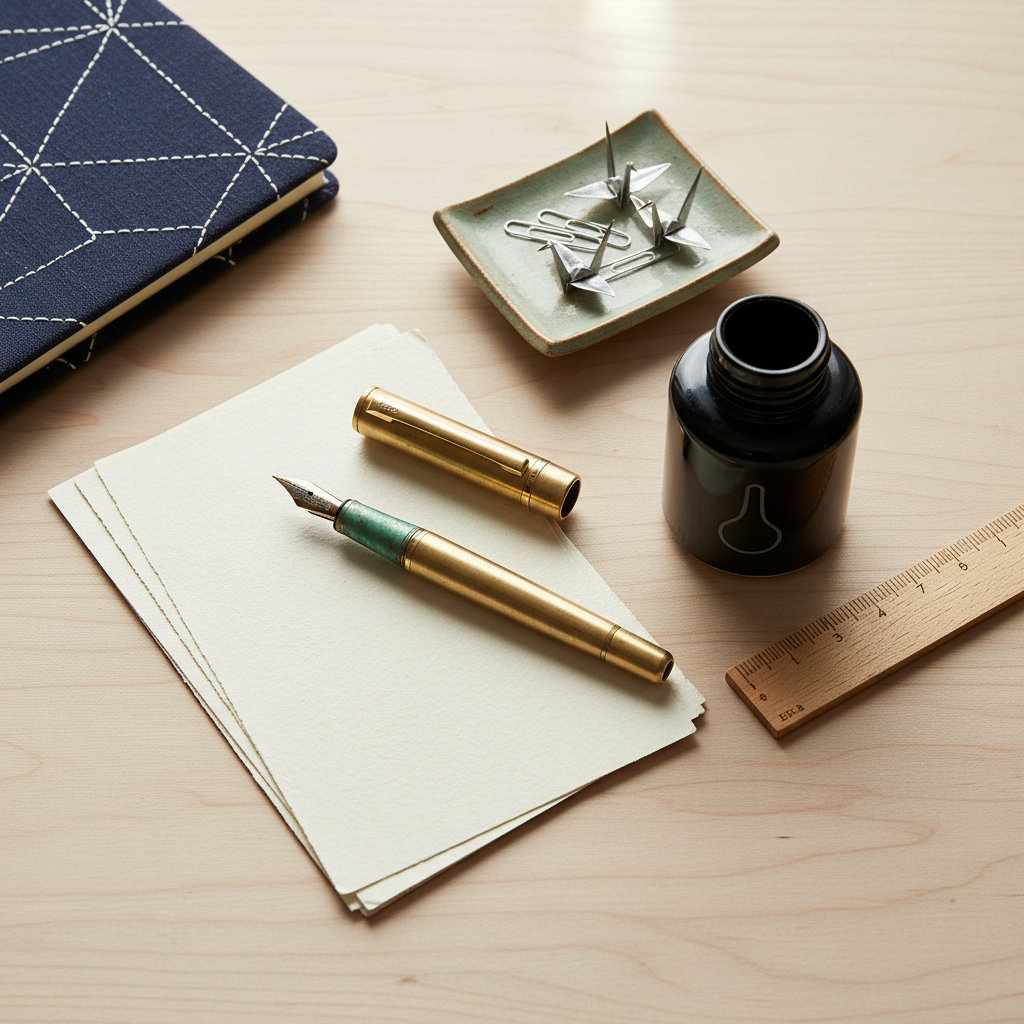 A detailed tabletop flat lay of Japanese stationery essentials on a pale wooden desk: a brass fountain pen with subtle patina, smooth cream-colored washi paper, a minimalist black ink bottle labeled only by its shape, and a slim wooden ruler engraved with tiny precise markings. A small ceramic tray in muted celadon holds metallic paper clips shaped like tiny origami cranes. In the soft-focus edge of the frame, a closed fabric-covered notebook with sashiko-style stitching adds texture. Bright but diffused natural light from above creates gentle highlights on the brass and glass surfaces and soft shadows that define each object. Photographic realism, shot directly from above, celebrates the refined practicality and quiet beauty of Japanese-designed tools for daily work and study.