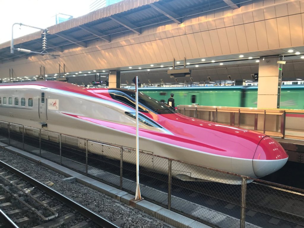 Red Komachi and green Hayabusa Shinkansen trains at Tokyo Station